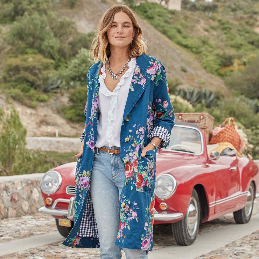 🌻NWOT sundance royal botanical topper linen blend floral trench coat in blue - Picture 2 of 13
